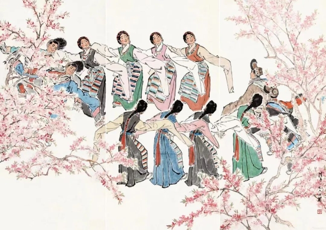 葉淺予高原之春紙本設(shè)色211cm×98cm、211cm×105cm、211cm×98cm1964年